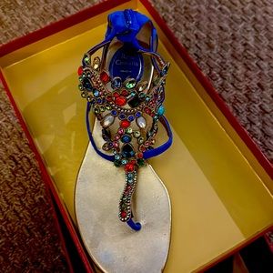 Rene Cavolita thong sandals jeweled blued suede.